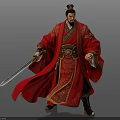Ancient Man In Red Traditional Robe With Gold Patterns Wearing Crown Holding Long Sword