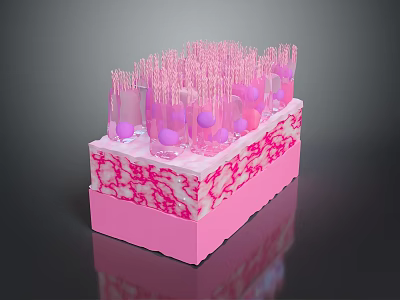 3D Rendered Biological Culture Structure with Transparent Tubes Purple Spheres and Textured Pink Base 3d model
