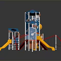 Playground Building Components Including Yellow Slides Blue Towers And Climbing Nets