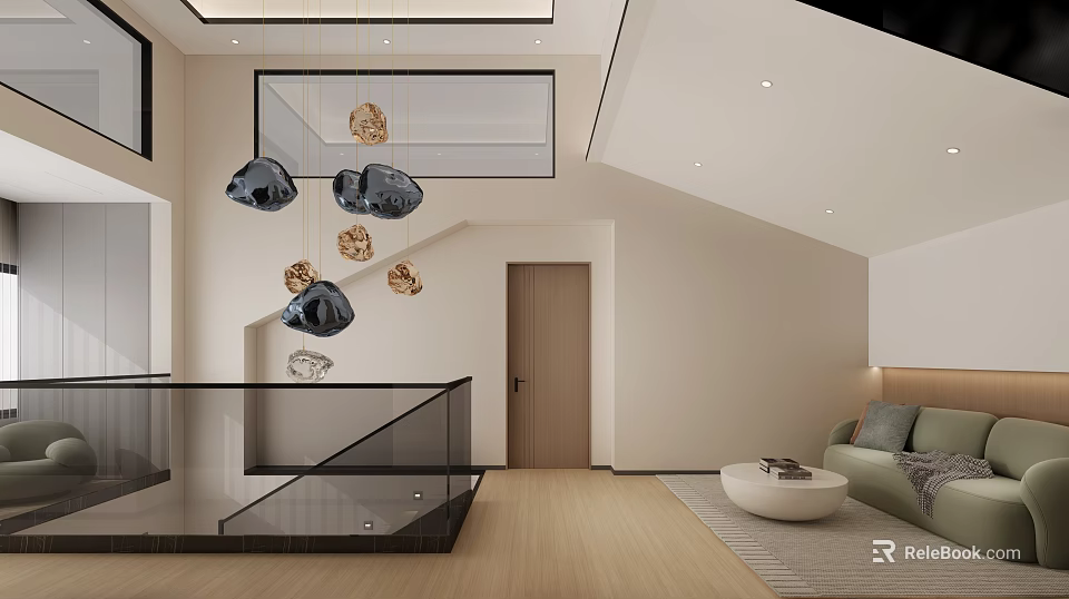 Modern Interior Design With Staircase Hanging Lights Sofa And Wooden Flooring 3d model 