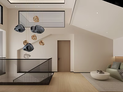 Modern Interior Design With Staircase Hanging Lights Sofa And Wooden Flooring 3d model