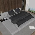 Modern Double Bed With Wooden Striped Headboard And Dark Bedding Near Large Window Grass View