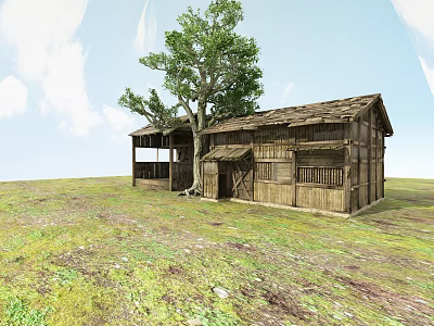 Old Wooden House On Open Grassland With Large Tree Brown Roof And Wooden Structure 3d model