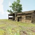 Old Wooden House On Open Grassland With Large Tree Brown Roof And Wooden Structure