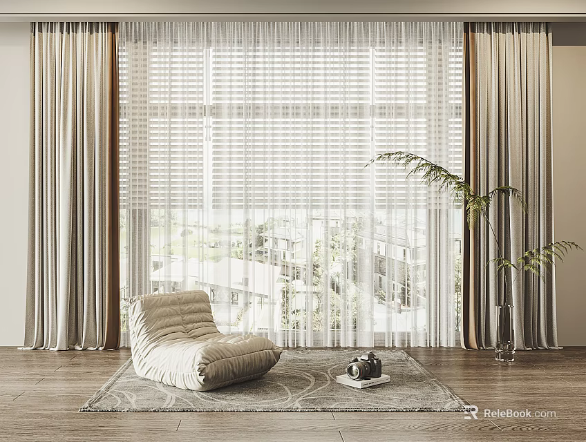 Layered Sheer Curtains In Modern Living Room With Sofa And Plant 3d model 
