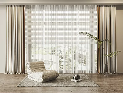 Layered Sheer Curtains In Modern Living Room With Sofa And Plant 3d model