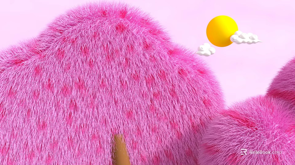 Playful Cartoon Scene With Pink Fluffy Mountains Yellow Sun And White Clouds 3d model 