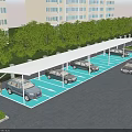 Multiple Carport Canopies for Parking Cars with High Rise Buildings and Green Trees