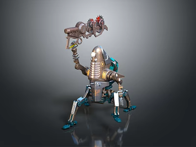 Spider Legged Mechanical Robot Character Holding Red Spiked Creature With Shiny Metallic Armor 3d model