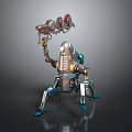 Spider Legged Mechanical Robot Character Holding Red Spiked Creature With Shiny Metallic Armor