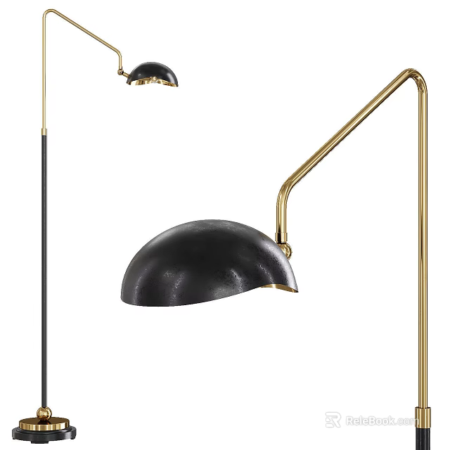 Modern Floor Lamp With Gold Metal Arm And Black Dome Shade Sleek Design 3d model 