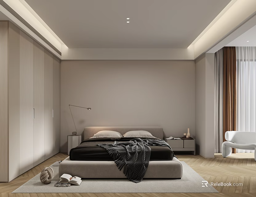 Modern Bedroom Interior With Bed Floor Lamp Wardrobe Rug And Wooden Floor 3d model 