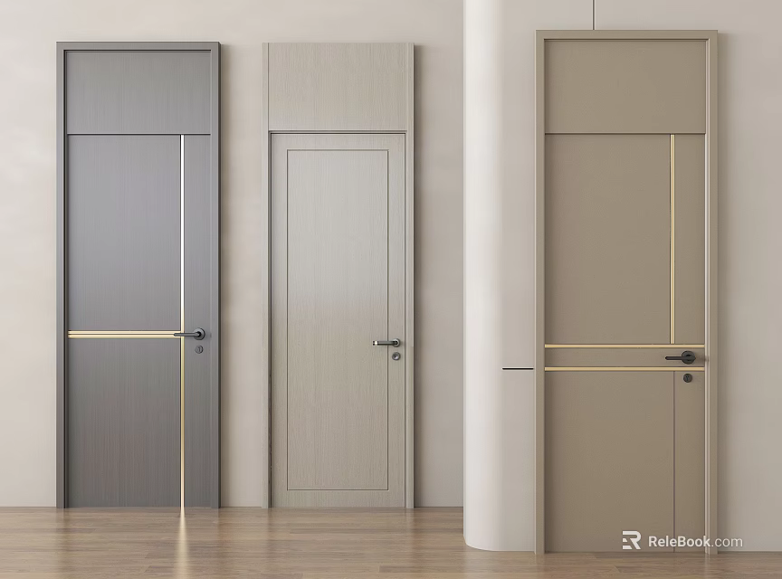 Modern Minimalist Swing Doors With Gray Light Wood Beige Colors And Golden Lines 3d model 
