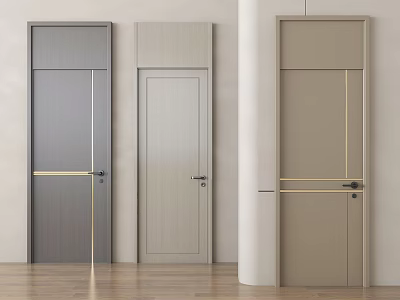 Modern Minimalist Swing Doors With Gray Light Wood Beige Colors And Golden Lines 3d model