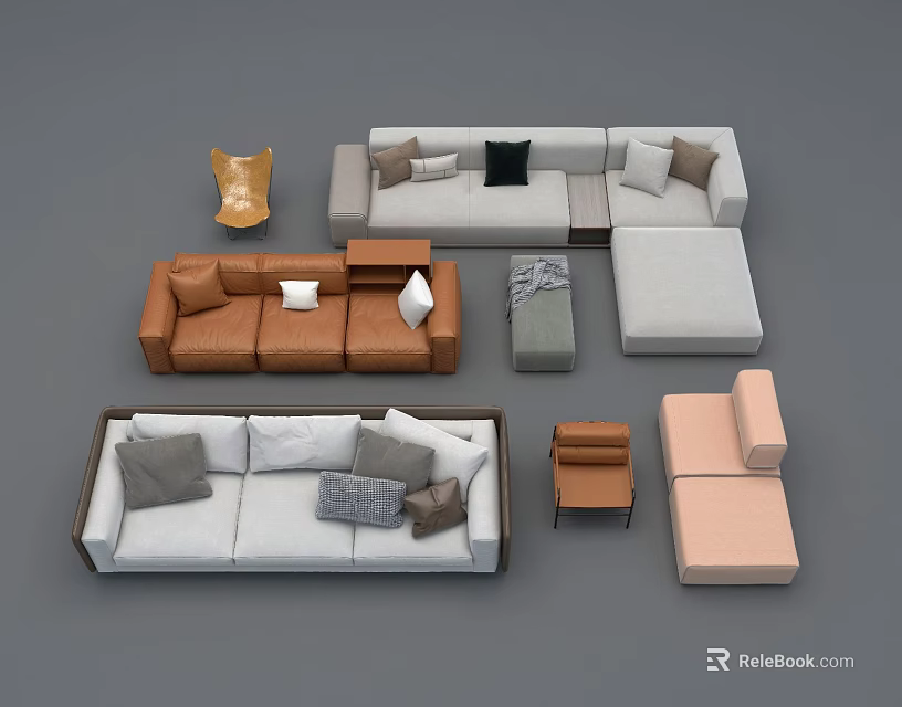 Multi Colored Sofa Set With Pillows Stools And Coffee Table Elements 3d model