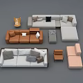 Multi Colored Sofa Set With Pillows Stools And Coffee Table Elements 3d model