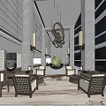 Modern Hotel Lobby Interior With Spiral Chandeliers Large Windows And Green Plants