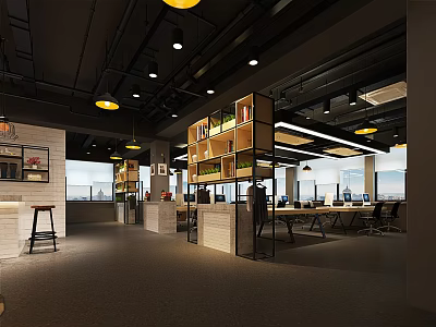 Modern Public Office Space With Open Layout Desks Bookshelves And Pendant Lights 3d model