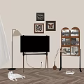 Living Room Interior Design With TV On Stand Decorative Wall Art And Herringbone Wooden Floor