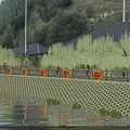 Garden Landscape with Weeping Willows Green Slope Protection and Red Circular Signs by Water Surface