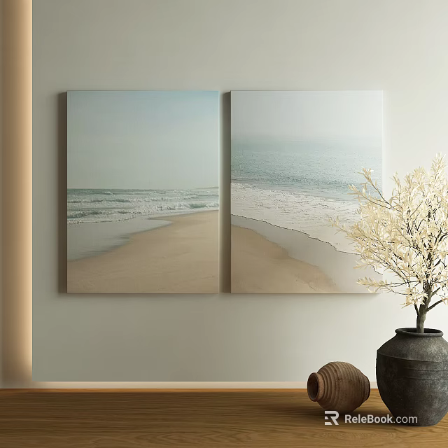 Two Panel Beach Landscape Painting With Sandy Shore Ocean Waves And Sky 3d model