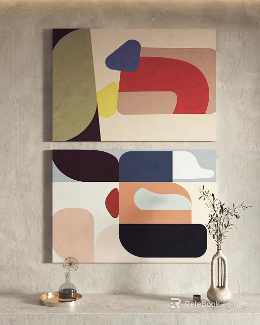 Modern Abstract Paintings With Curved Angular Shapes And Neutral Bold Tones On Wall 3d model