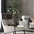 Modern Sofa and Coffee Table Set with Throw Pillows Potted Plants and Decorative Painting
