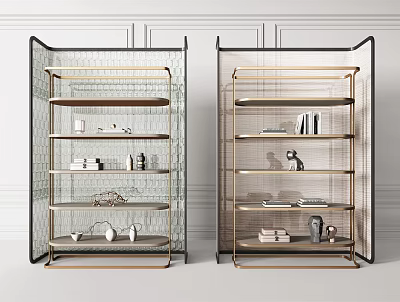 Modern Open Multi Layer Shelving Unit With Metal Frame And Decorative Items 3d model