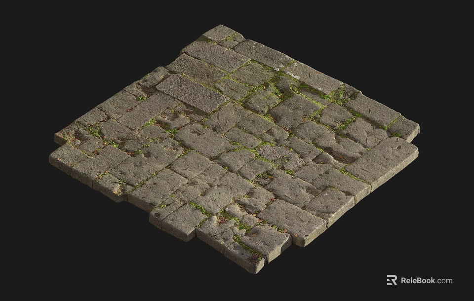 Rustic Stone Brick Ground With Weathered Texture And Green Moss Growth 3d model 