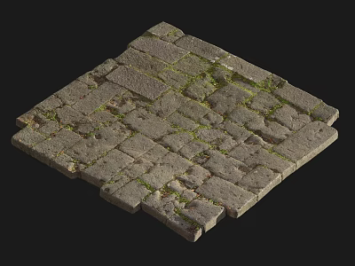 Rustic Stone Brick Ground With Weathered Texture And Green Moss Growth 3d model