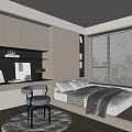 Modern Tatami Bedroom Interior Design With Desk Table Lamp Blinds And Storage Cabinets