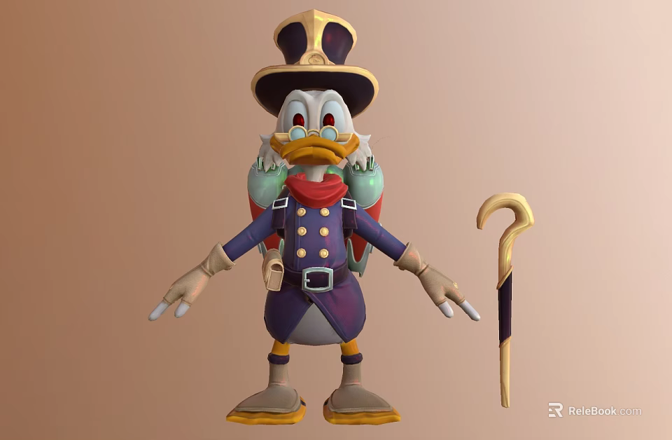 Duck Cartoon Character Wearing Purple Uniform Gold Top Hat Green Bottles On Back And Cane 3d model 