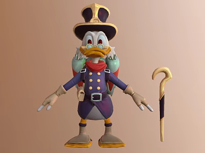 Duck Cartoon Character Wearing Purple Uniform Gold Top Hat Green Bottles On Back And Cane 3d model