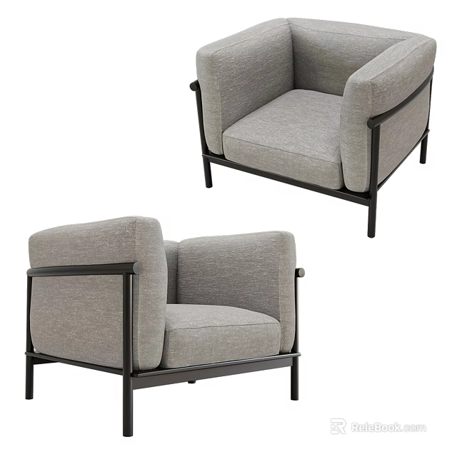 Modern Single Sofa With Gray Upholstery And Black Metal Frame Design 3d model