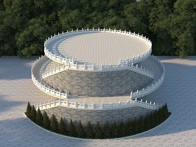 Circular Multi Tiered Structure With White Railings Surrounding Trees And Grassy Base 3d model