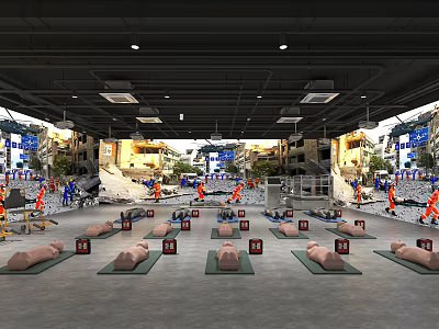 Indoor Rescue Training Scene With Mannequins On Mats And Orange Clad Personnel 3d model