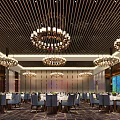 Elegant Banquet Hall Interior With Crystal Chandeliers Dining Tables Chairs And Large Screen