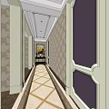 Elevator Hallway With Patterned Wallpaper Framed Painting Console Table And Geometric Floor Design 3d model
