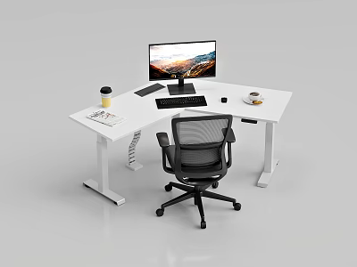 White Office Desk And Black Chair Set With Computer Coffee Cup And Notebook 3d model