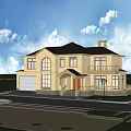 European Style Detached Villa Exterior With Green Trees Lawn Family And Parked Cars