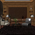 Striped Accent Chair With Metal Legs In Interior With Brown Tufted Wall And Wooden Bookshelf