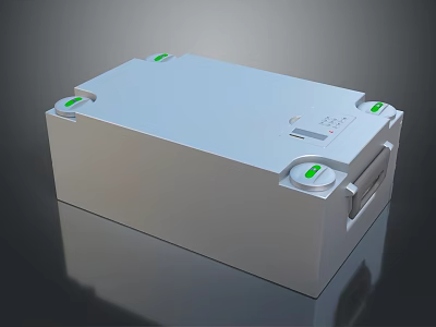 White Square Shaped Battery Unit With Green Buttons And Label 3d model