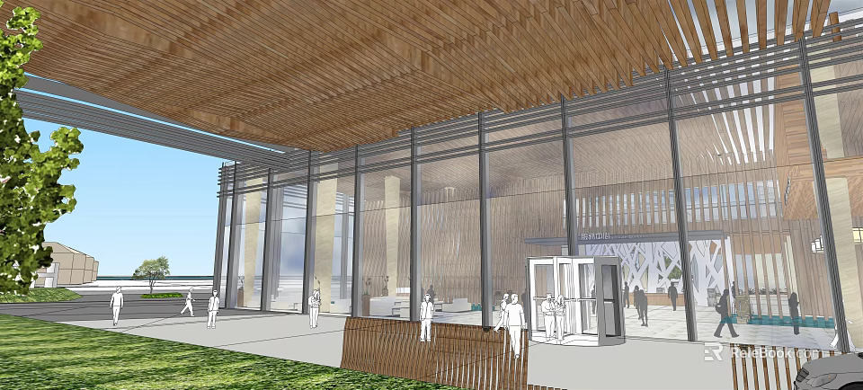 Modern Entrance Gate With Glass Curtain Wall Wooden Ceiling Columns And Lawn 3d model 