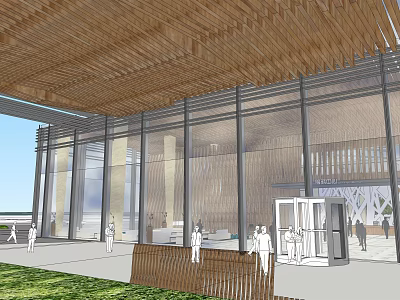 Modern Entrance Gate With Glass Curtain Wall Wooden Ceiling Columns And Lawn 3d model