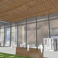 Modern Entrance Gate With Glass Curtain Wall Wooden Ceiling Columns And Lawn
