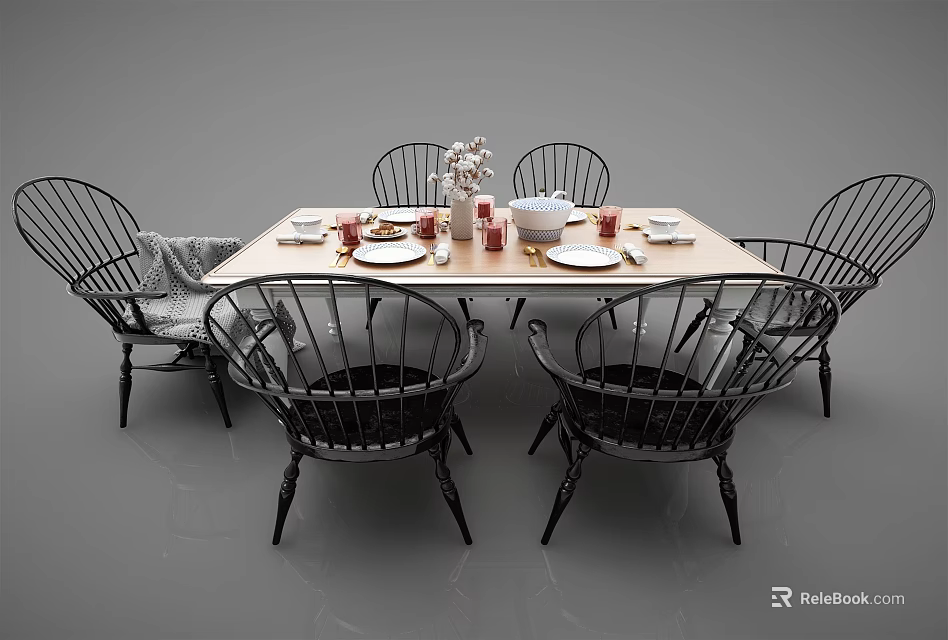 Classic Wooden Dining Table Set With Six Windsor Style Chairs And Tableware Vase Flowers 3d model 