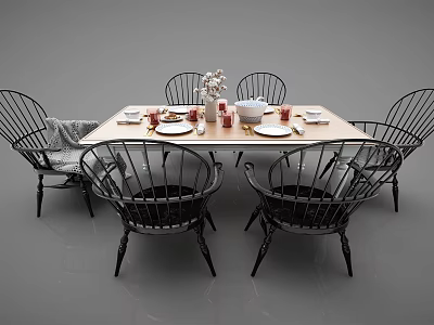 Classic Wooden Dining Table Set With Six Windsor Style Chairs And Tableware Vase Flowers 3d model