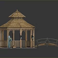 Wooden Gazebo With Hexagonal Roof Railing And Surrounding Decorative Bridge On Gravel Ground