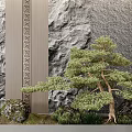 Garden Ornament Featuring Bonsai Pine Tree Rocky Stone Wall Geometric Panel And Mossy Ground