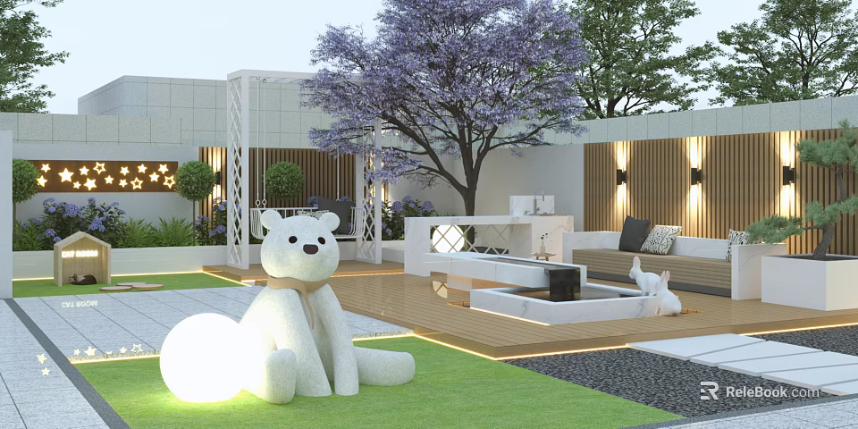 Modern Garden Landscape With White Bear Sculptures Green Lawn Purple Tree And Illuminated Sphere 3d model 